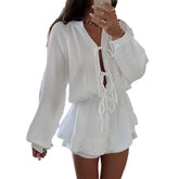 LIZAKOSHT  -  Spring Summer 2025 White Dress Women V-neck Lace-up High Waist Mini Dress Lantern Sleeve Solid Casual Female 53933